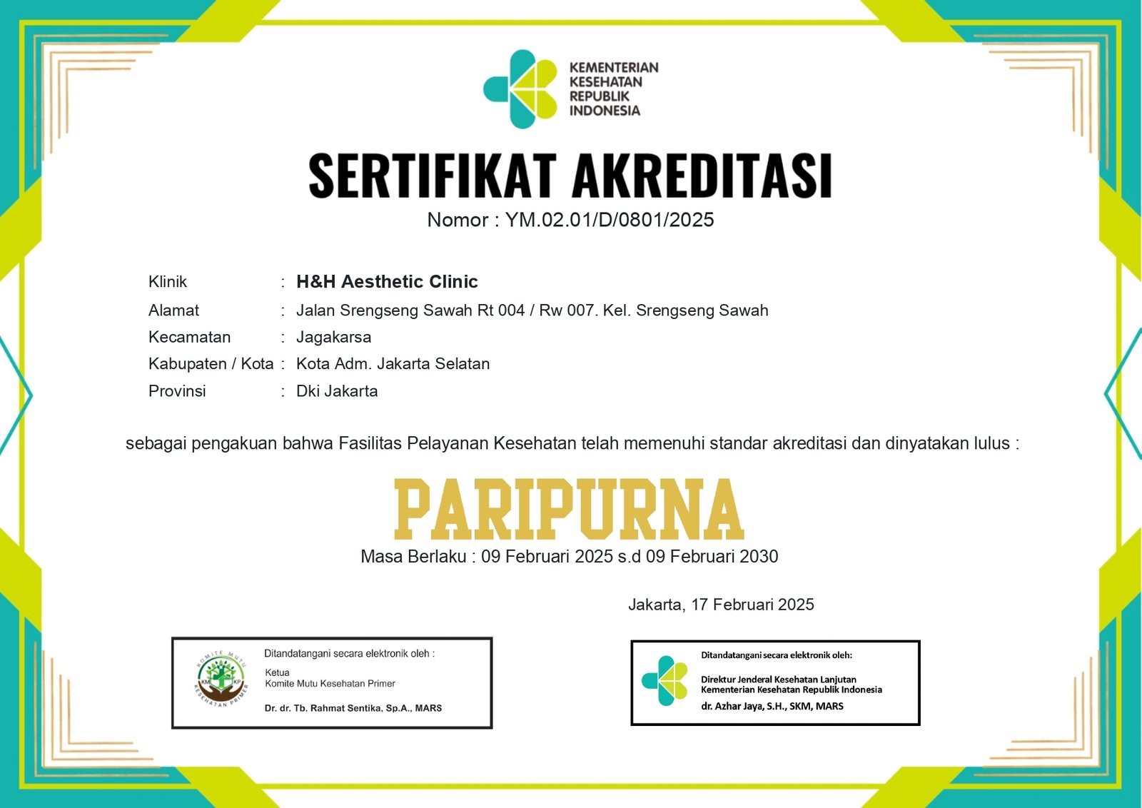 Sertifikat Paripurna H&H Aesthetic Clinic - Jakarta Selatan_page-0001